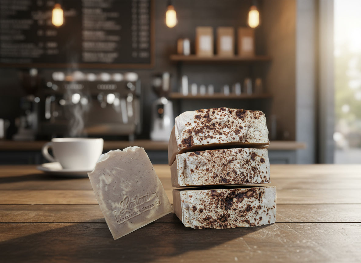 Three soap bars with different textures on a wooden surface
