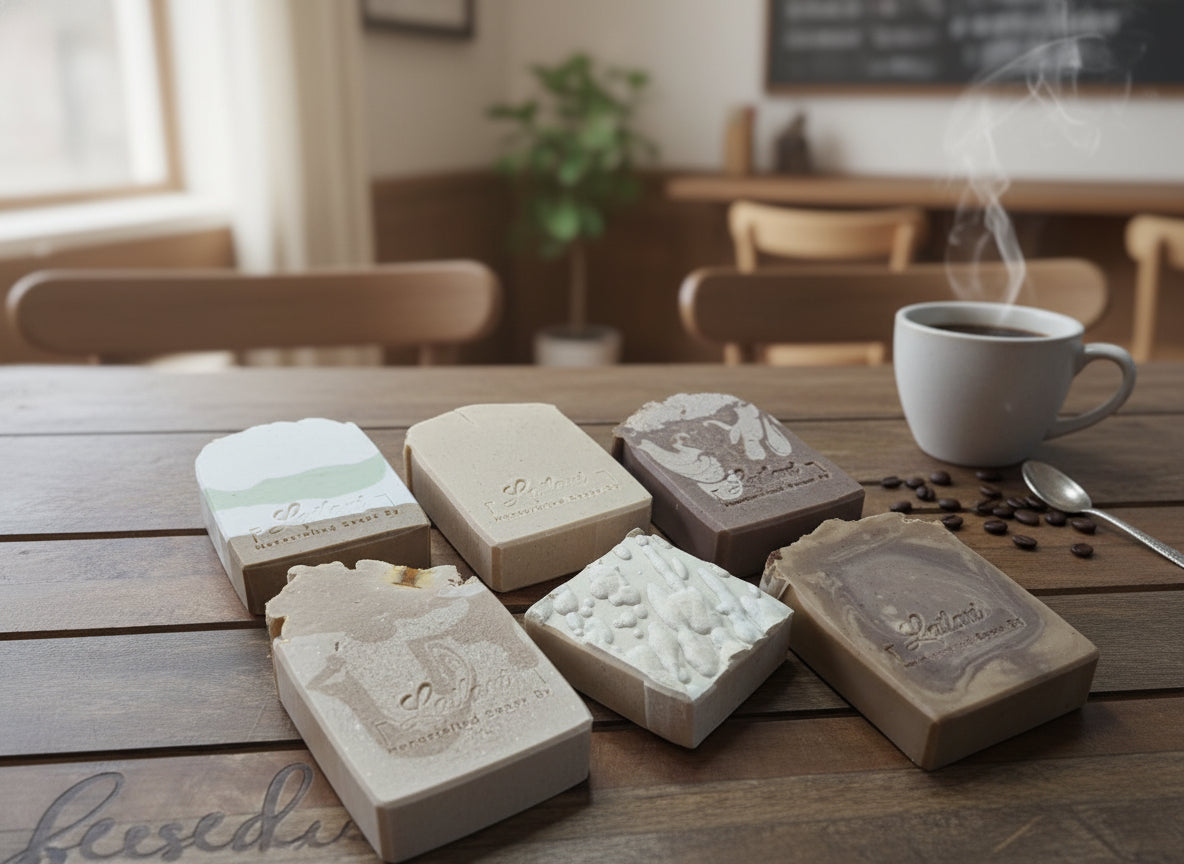 Assorted soaps on a wooden table with a cup of coffee and coffee beans.