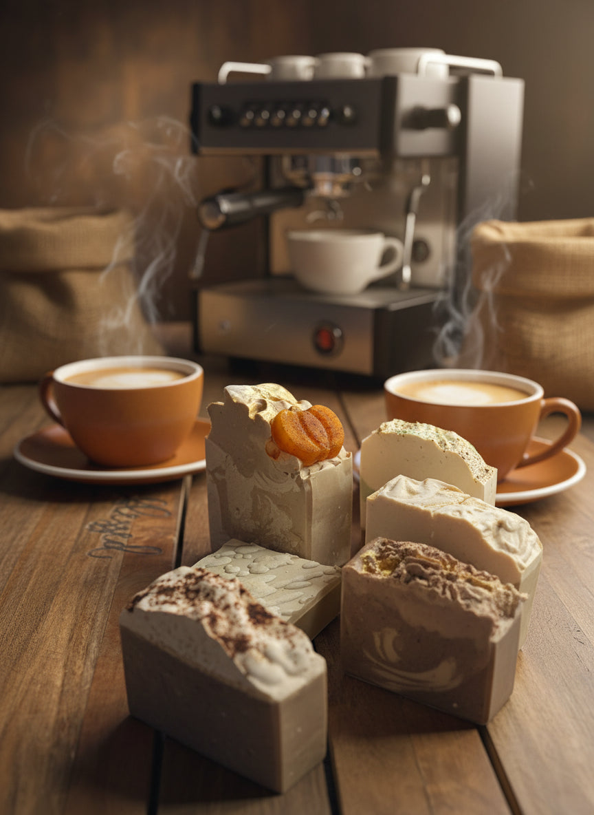 Assorted soap bars on a wooden surface with 'Clyst' branding.